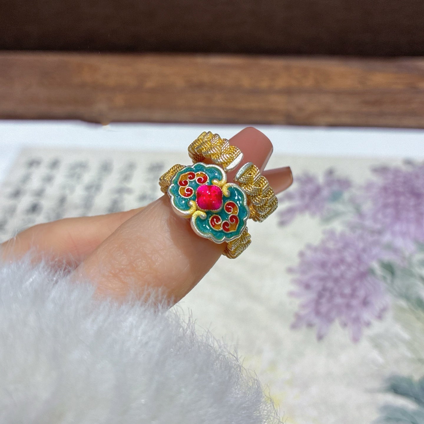 1pcs 999.9 Sterling Silver Enamel Ruyi Open Ring, Dainty Lucky Style, For Daily Wear & Casual Office Outfits