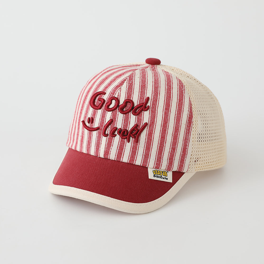 Summer Men's And Women's Striped Baseball Cap With Embroidered Letters Good Luck On The Body, Net-like Fabric, Fashionable And Casual Style