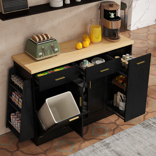 TREXM Multi-Functional Storage Sideboard  Trash Can Storage  Sliding Door Cabinet & 3-Tier Spice Rack Kitchen Island Table For Kitchen  Dining Room  Black