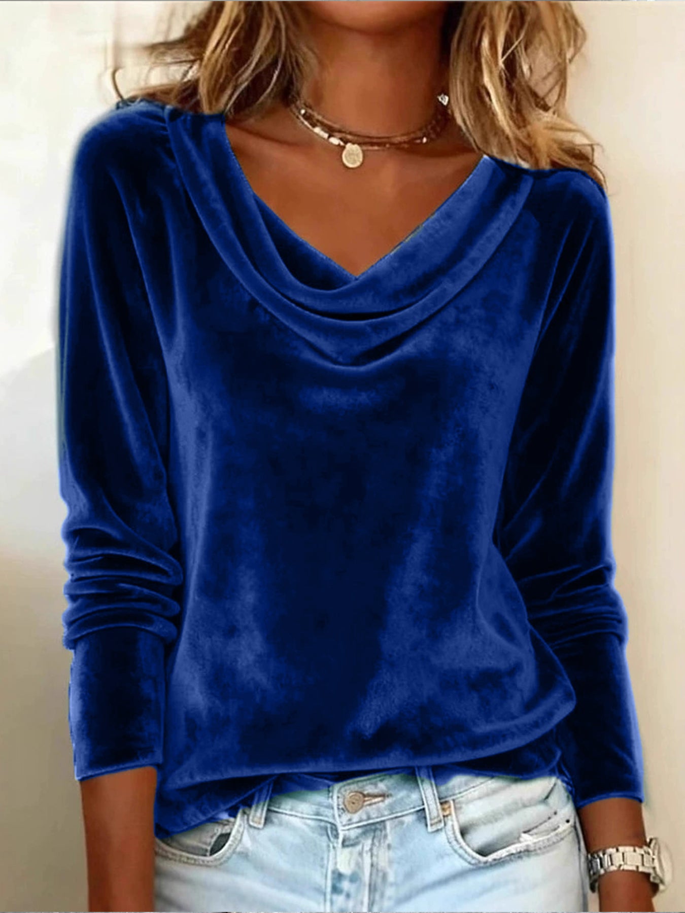 Fashion New Solid Color Cowl Neck Long Sleeve Sexy Velvet T-shirt