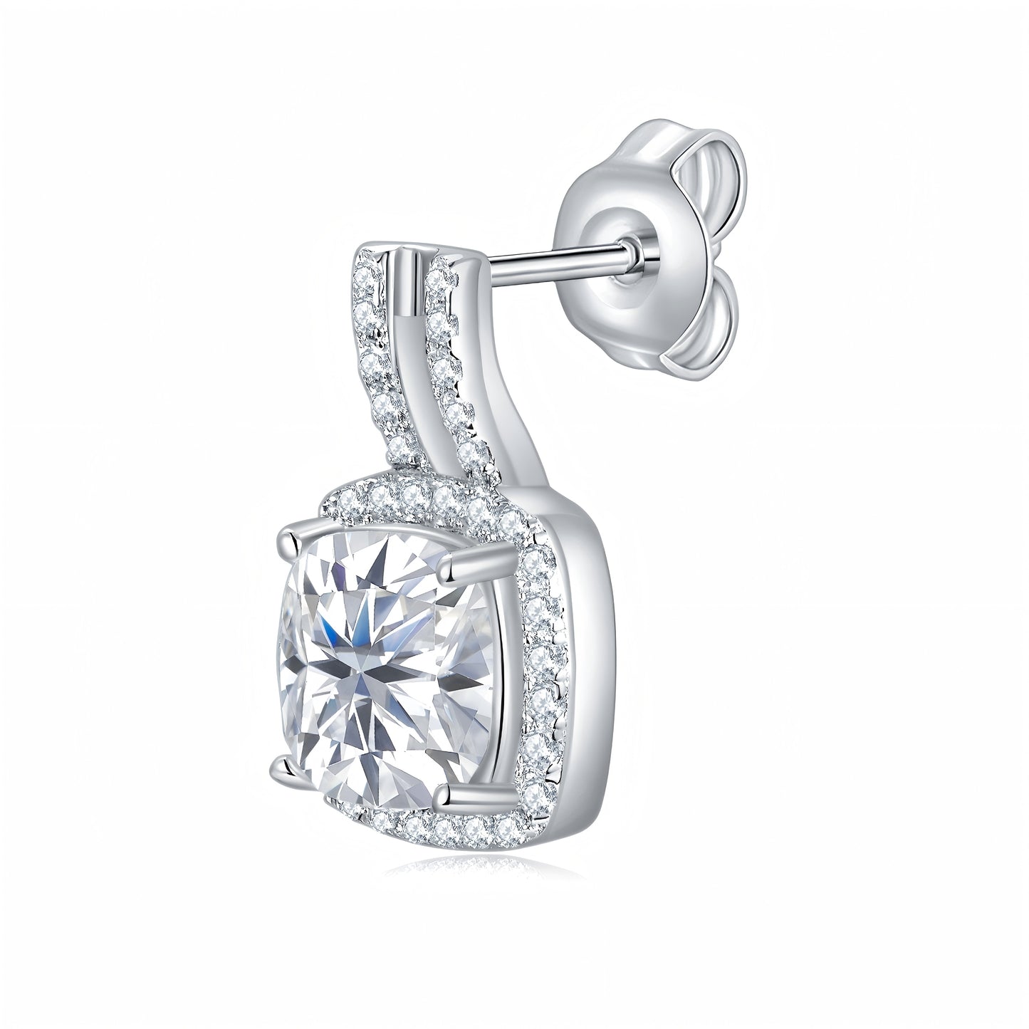S925 Sterling Silver 7x7mm Cushion Cut Moissanite Stud Earrings  Double Bar Halo Drop Earrings With GRA Certificate Platinum Plated Jewelry Gift Box Set