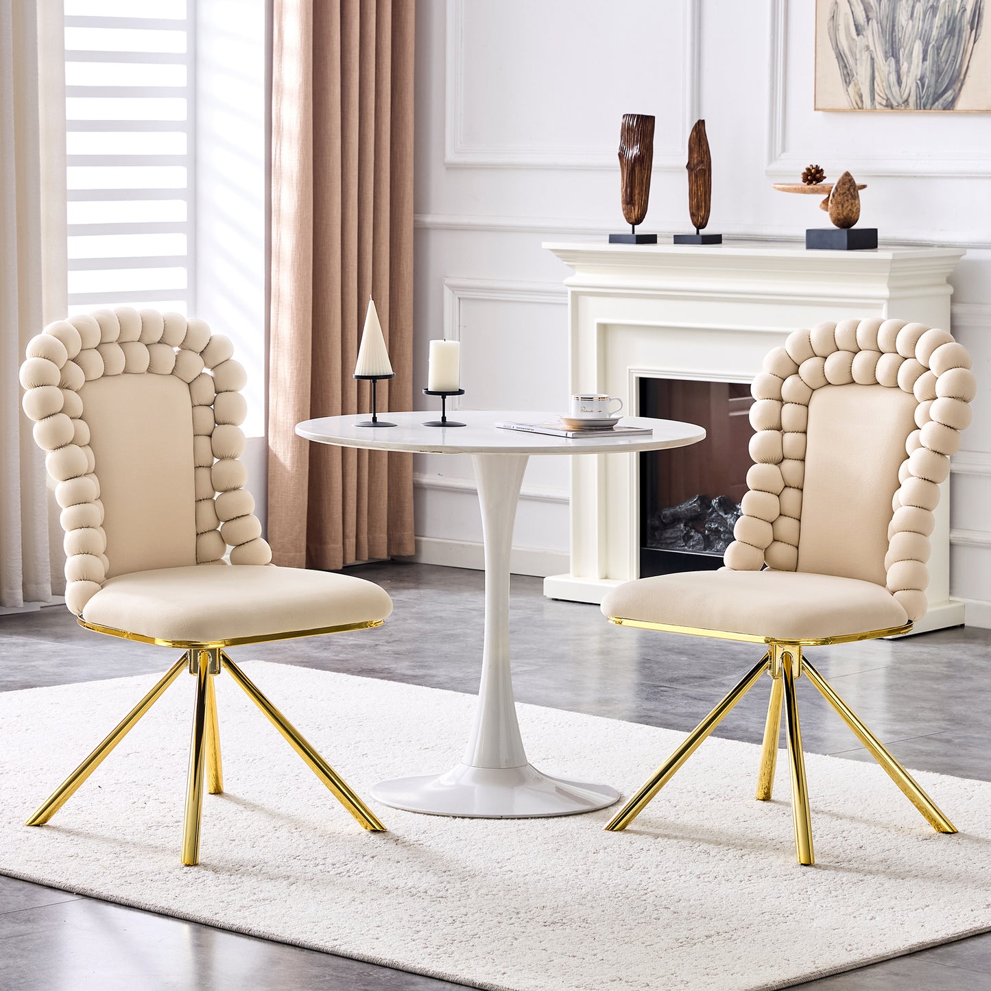 Set Of 2 Beige Puffy Bubble Chair Ball Chain Chair Velvet Dining Chairs With Gold Legs, Modern Upholstered Accent Chairs For Dining Room & Kitchen