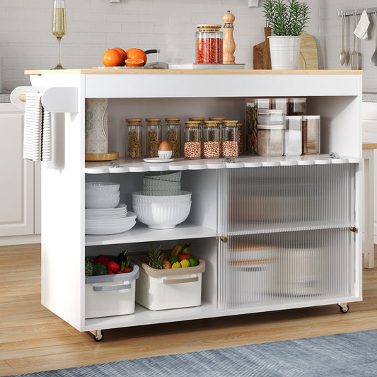 122 X 46  X 91cm, Folding Kitchen Island Cart, Oak Veneer Worktop, Tempered Glass Sliding Doors, Adjustable Shelves, Towel Rail, Large Kitchen Island Cart