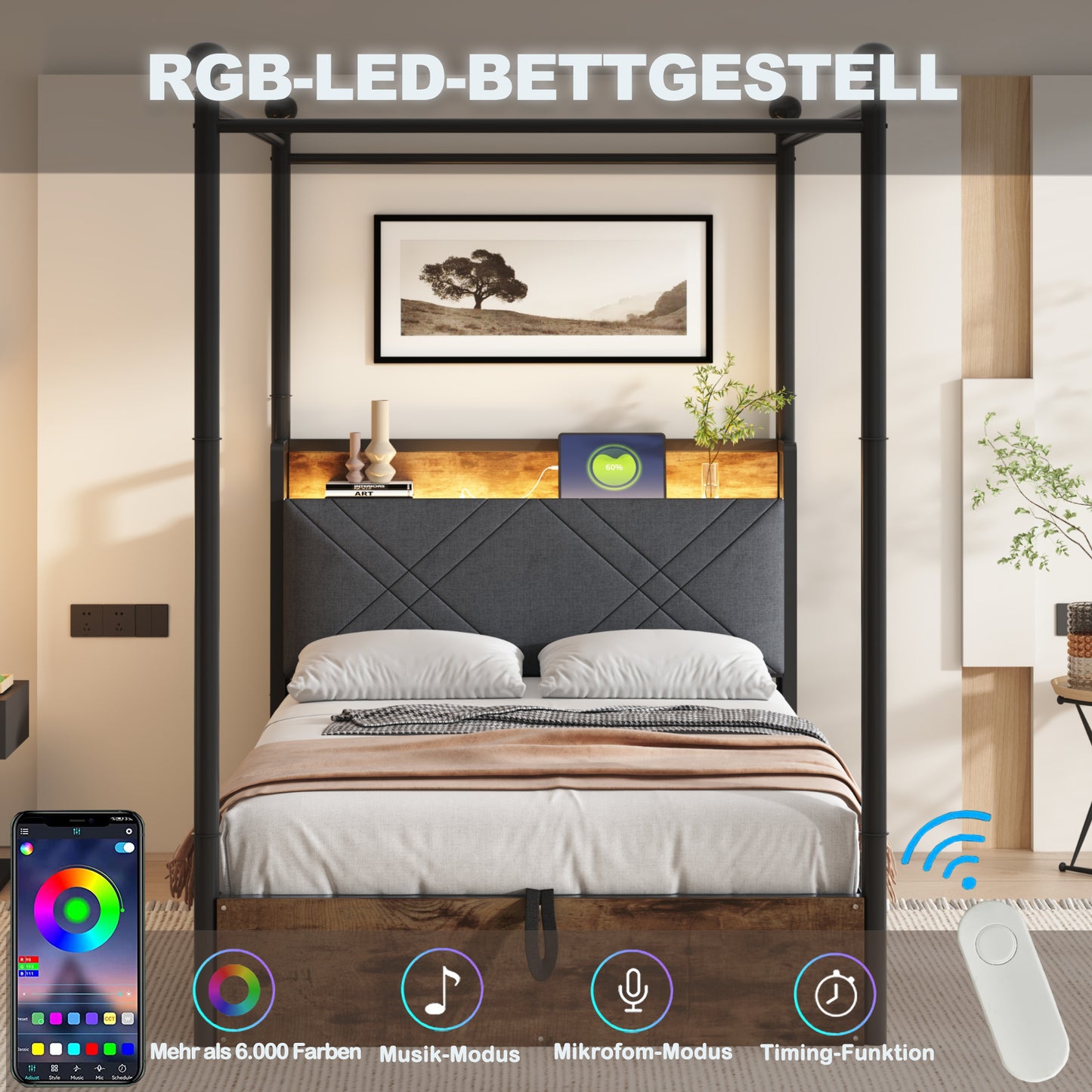 Multifunctional Bed 90 X 190 , With Storage Space And Wrought Iron Canopy,with Removable Bed Posts With LED And USB Type-C Charging Ports, As Well As Two Drawers, Iron Single Bed, Youth Bed.,
