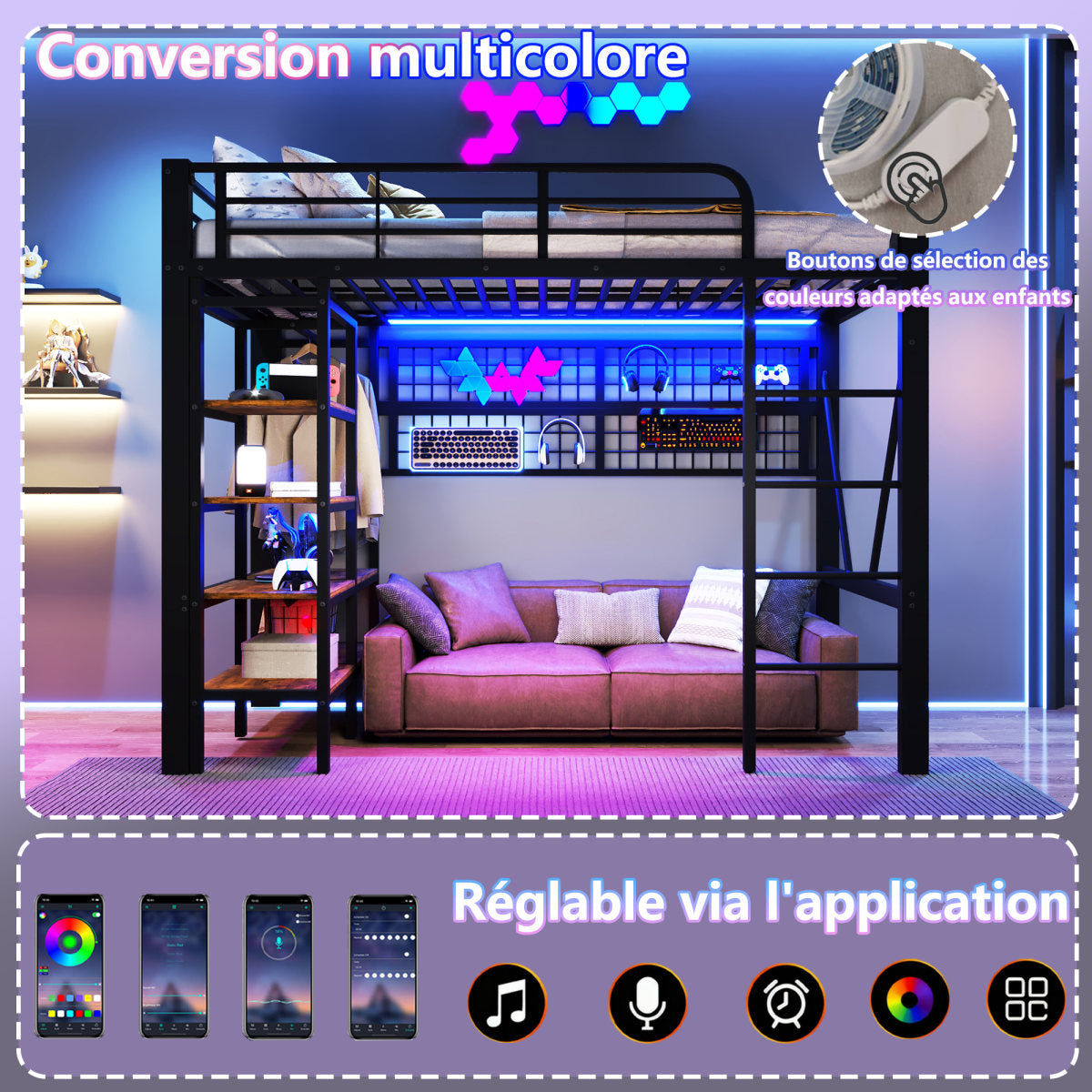 Loft Bed, 90 X 200 Cm, Iron Frame, Storage Compartment, Net For Hanging Objects, With Clothes Rail, Open Space Under The Bed, With LED Light Strip, Without Mattress, Black