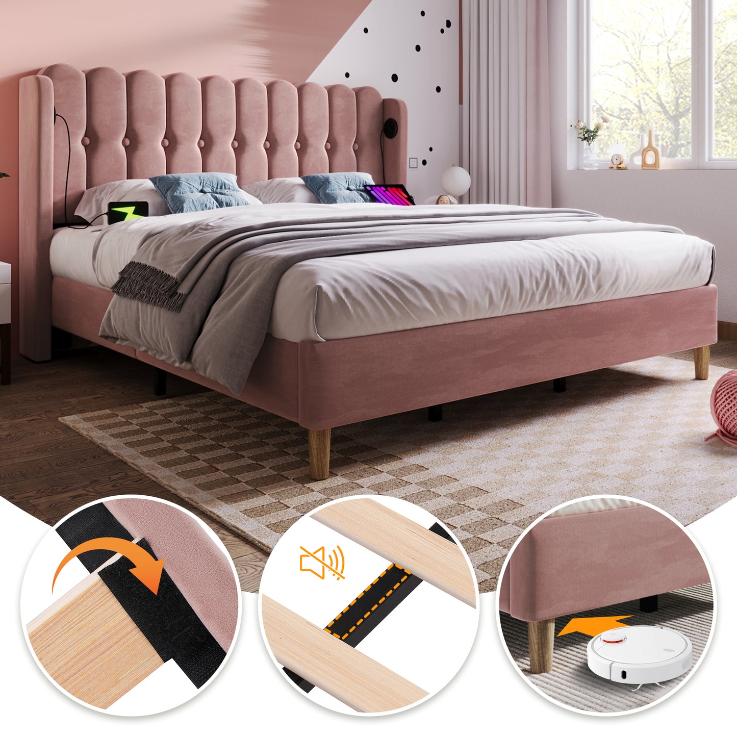 Upholstered Double Bed With USB And Type-C Charging, Bed Frame With Wooden Slatted Frame, Teenager Bed For Bedroom & Guest Room, 4ft6 135 X 190 Cm Bed Frame, Pink, Velvet Material