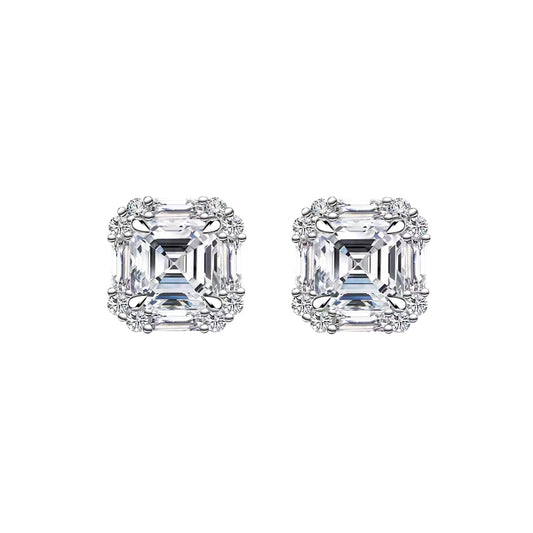 S925 Sterling Silver Halo Stud Earrings, 6mm D-VVS1 Asscher Cut Moissanite, Platinum Plated 2.6g Women's Jewelry Gift Box