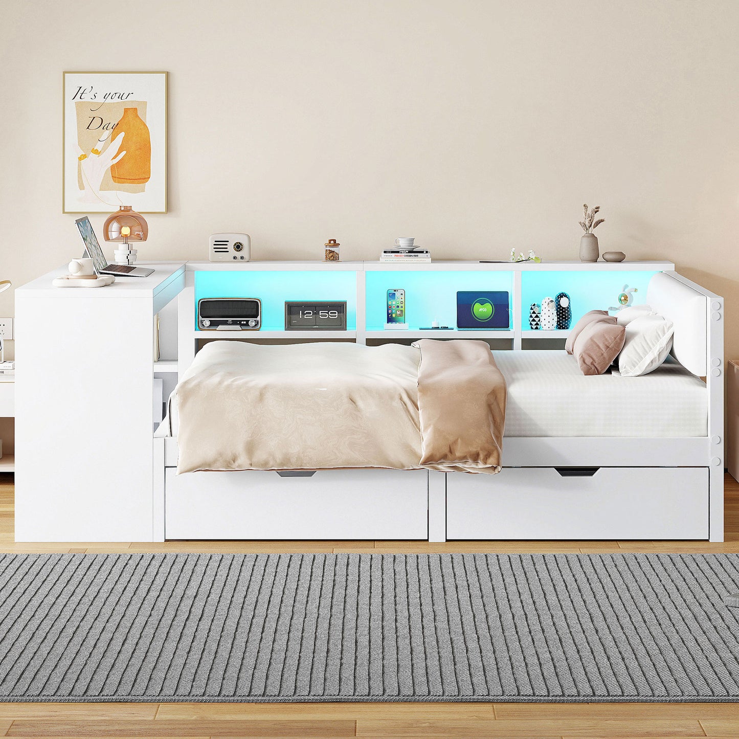 140x200 Wooden Platform Bed With Shelves, Drawers, Charging Station And Upholstered Headboard, With Colorful LED Lights, White