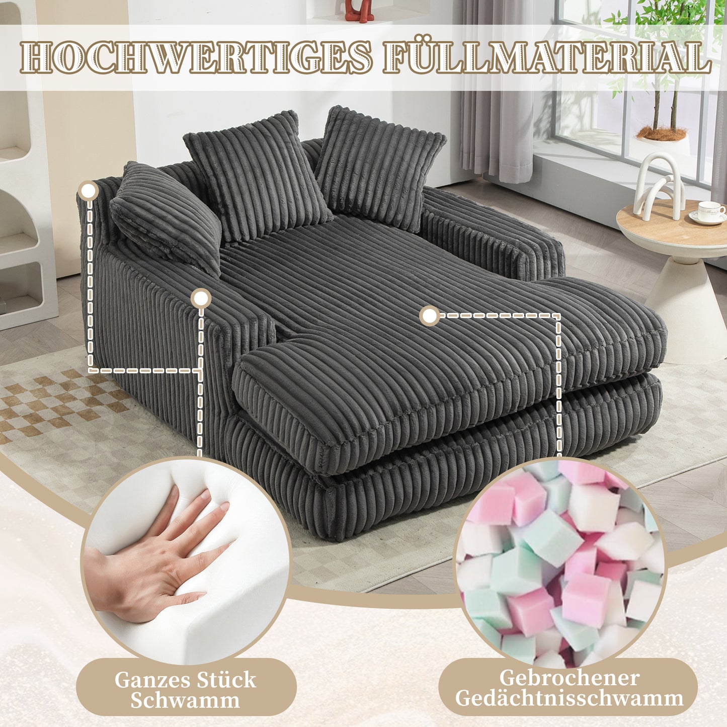 Modern Corduroy Sofa Bed Cloud Couch With 3 Soft Cushions, Comfortable Single Seat Floor Sofa For Living Room Apartment Office  Dark Grey