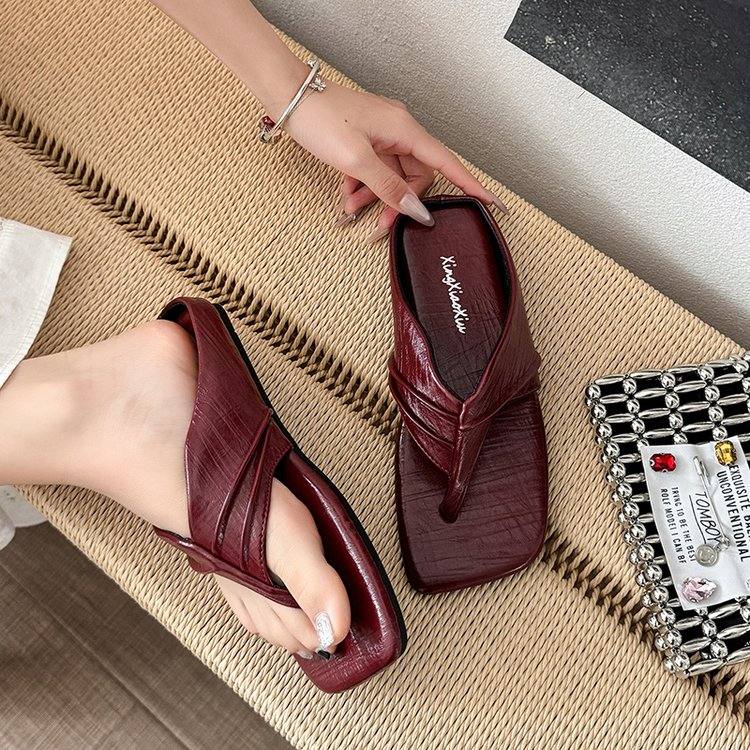 Women Platform Thong Slippers, New Stylish Square Toe Versatile Beach Flip Flops For Outdoor Wear
