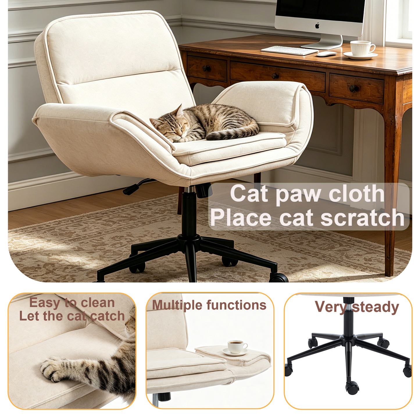 Criss Cross Chair With 5-Gear Adjustable Armrests & Wheels, Ergonomic Thickened Backrest Swivel Desk Chair For Home Office, Vanity, Bedroom And Living Room, Beige Cloth