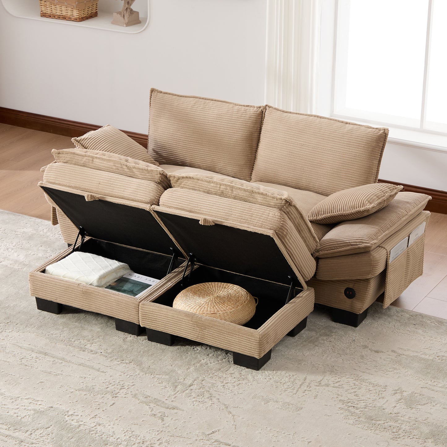 Modular 2-seater Corduroy Sofa  With 2 Stools  Wide Seat, Ergonomic Design, High-density Foam Padding, USB-C Port And Side Pockets. Ideal For Living Room, Office Or Lounge.