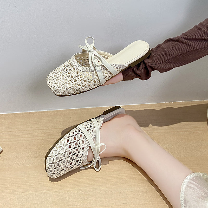2026 Hot French Woven Hollow Out Mules For Women, Slip-on Flat Elegant Closed Toe Slides For Outdoor Summer Wear
