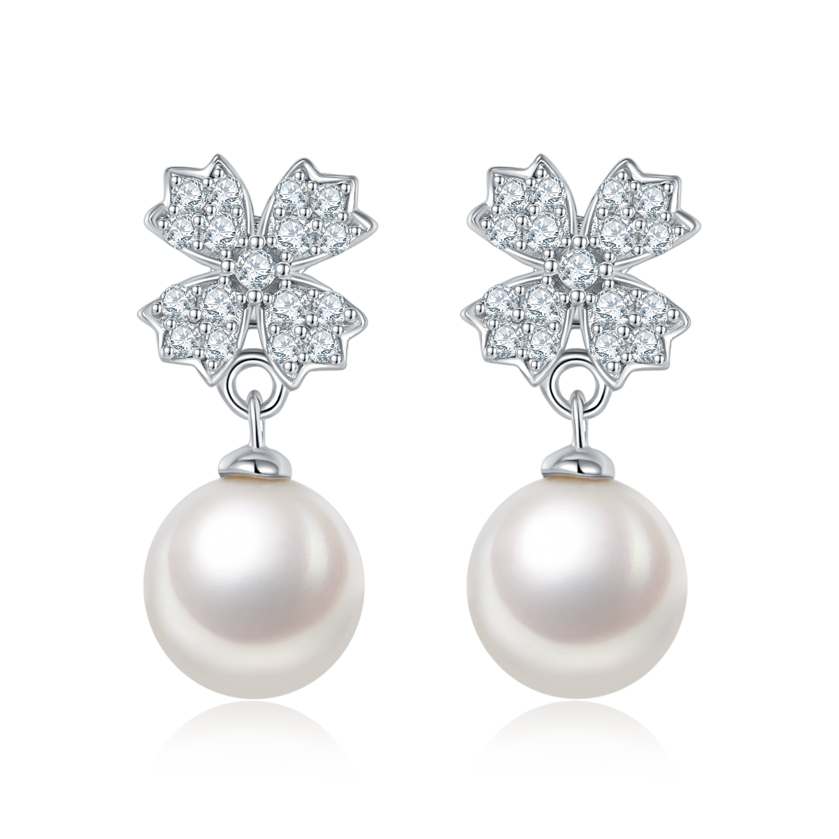 S925 Sterling Silver Natural Freshwater Pearl Dangle Earrings, Clover Pave, Round Teardrop Pearl, Platinum Plated, 2g, Gift Box