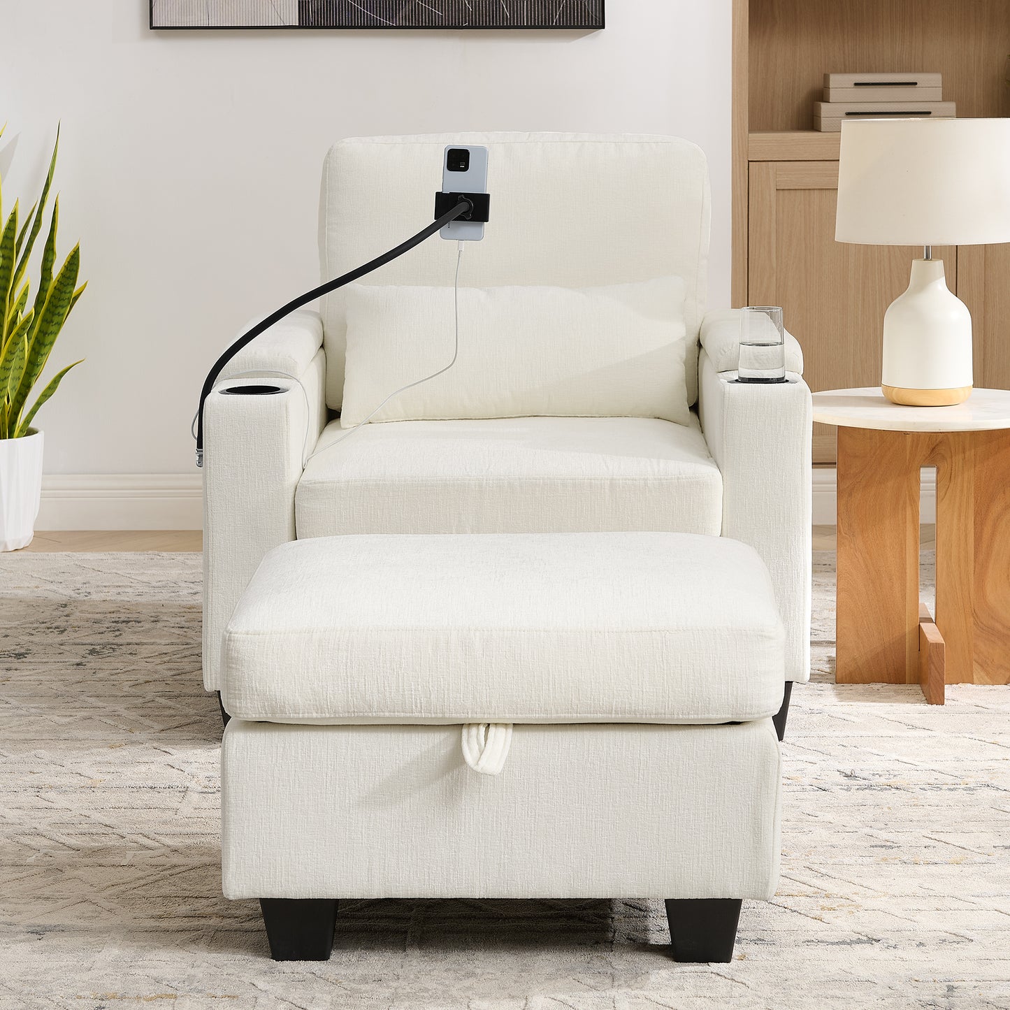 Single Sofa Recliner With Manually Adjustable Backrest, USB Charging Port On The Armrest Side, Phone Stand Included, Hidden Armrest Storage, And A Matching Storage Ottoman-Beige