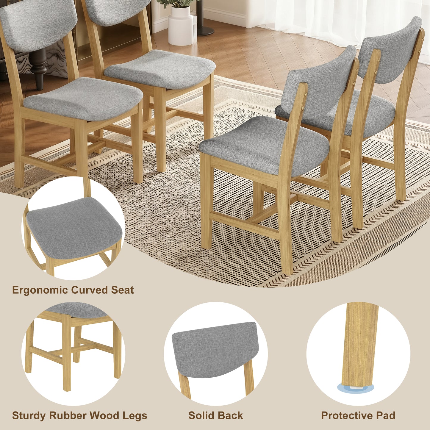 4-Piece Rustic Farmhouse Dining Chair - Solid Wood Frame With Gray Fabric Cushion, Upholstered Accent Chair For Kitchen, Dining Room, Living Room, Natural