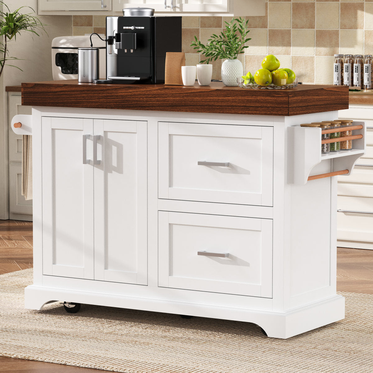 K&K 53  Large Kitchen Island With 3.5  Thick Desktop, Spice And Towel Racks, Rolling Kitchen Island With Storage On 5 Wheels, 2 Extra Large Drawers, For Home, Kitchen, Dining Room, White