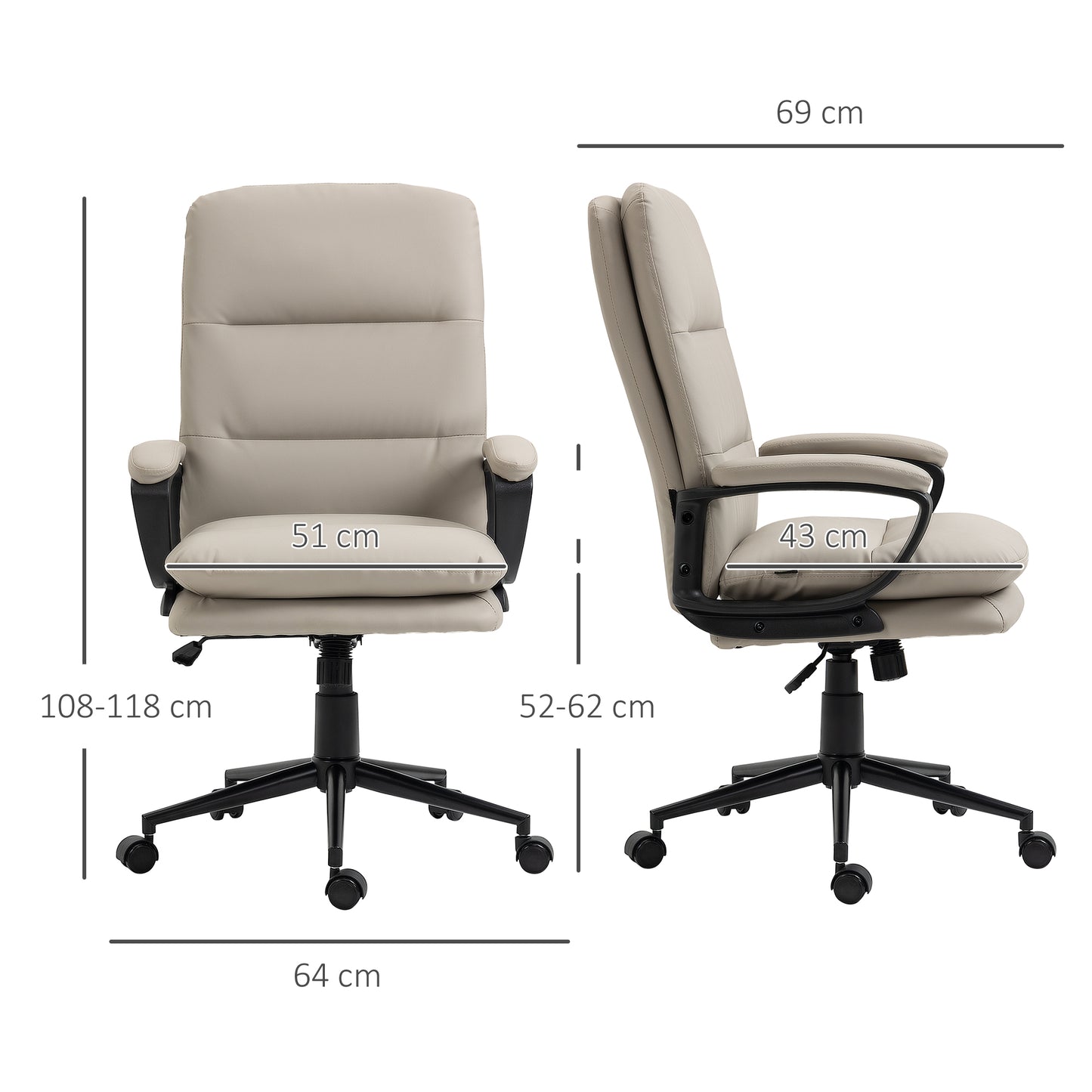 Vinsetto Office Chair, PU Leather Computer Desk Chair Office Chair With Adjustable Height And Swivel Rolling Wheels For Work Study, Light Grey