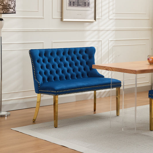 Velvet Double Dining Loveseat Bench, Kitchen & Dining Seating, 2-Seat Tufted Bench W Handmade Buttons, Wing Back, Gold-Plated Steel Legs, Mid Century Modern,Single Pack,Blue,SW1602BL