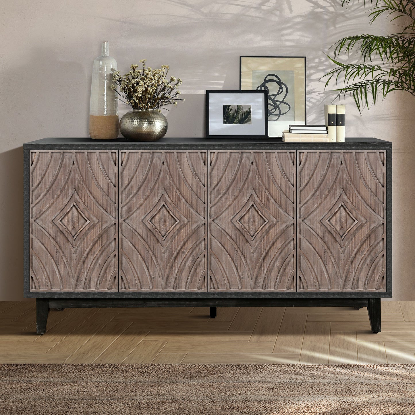 Mid Century Sideboard Buffet Cabinet With Solid Wood Legs 60  Kitchen Storage Cabinet Credenza With 4 Convex Pattern Diamond Doors And 2 Shelves Accent Console Table For Living Room  Entrance Hall Etc