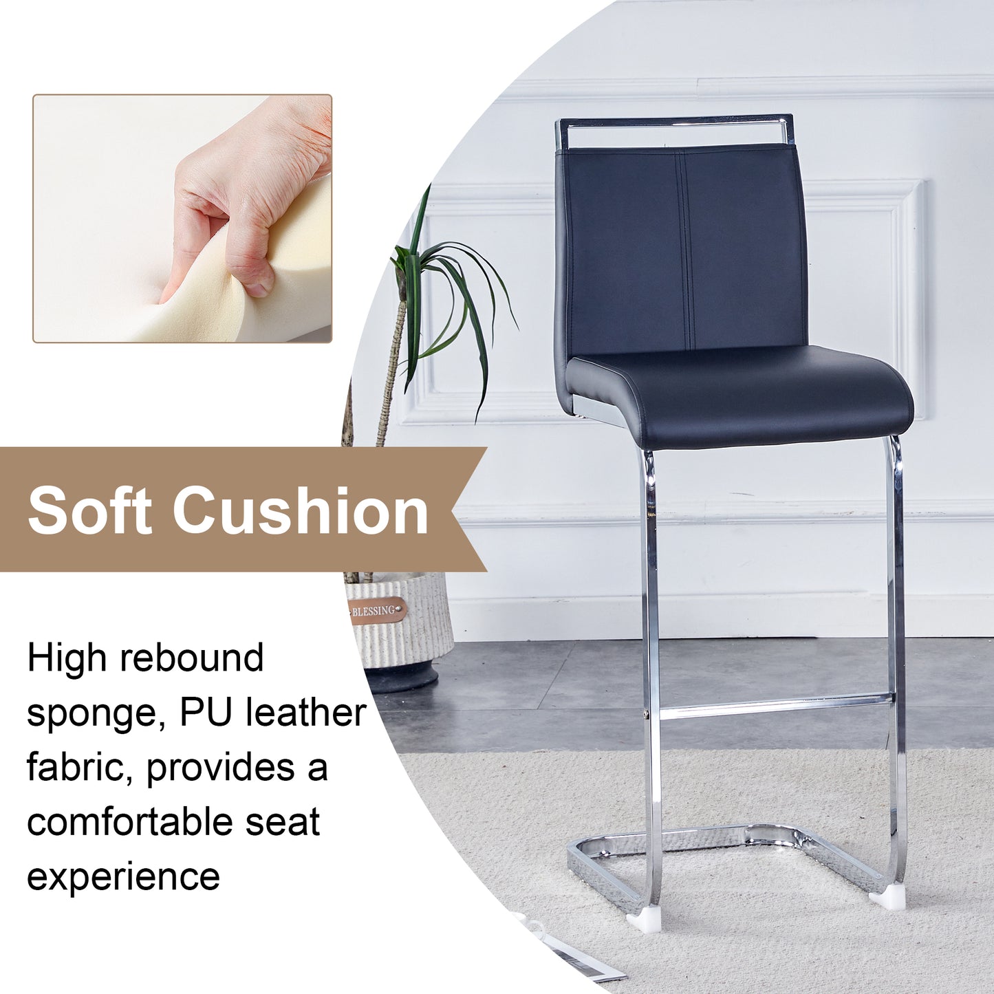 Modern And Beautiful Bar Stool Upholstered In PU Leather With C-shaped Silver Metal Legs For Dining Rooms, Kitchens, Terraces And Guest Office Chairs.  Set Of 6     Black  PU