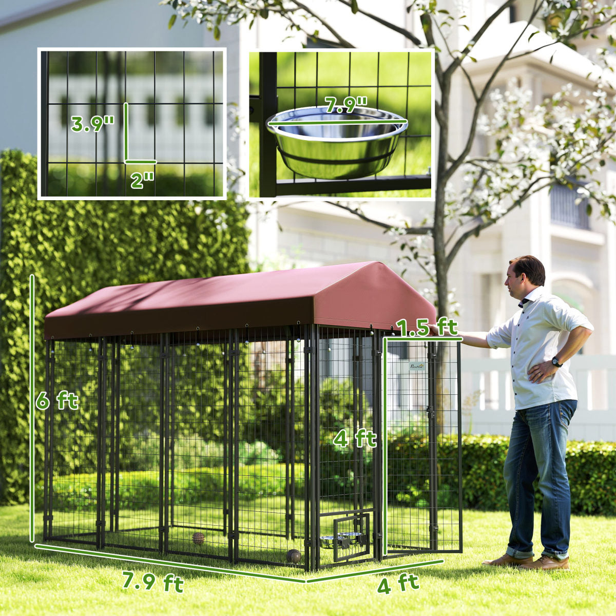 Outdoor Dog Kennel With Rotating Bowl Holders, Walk-in Pet Playpen With Waterproof Cover, 8' X 4' X 6', Red