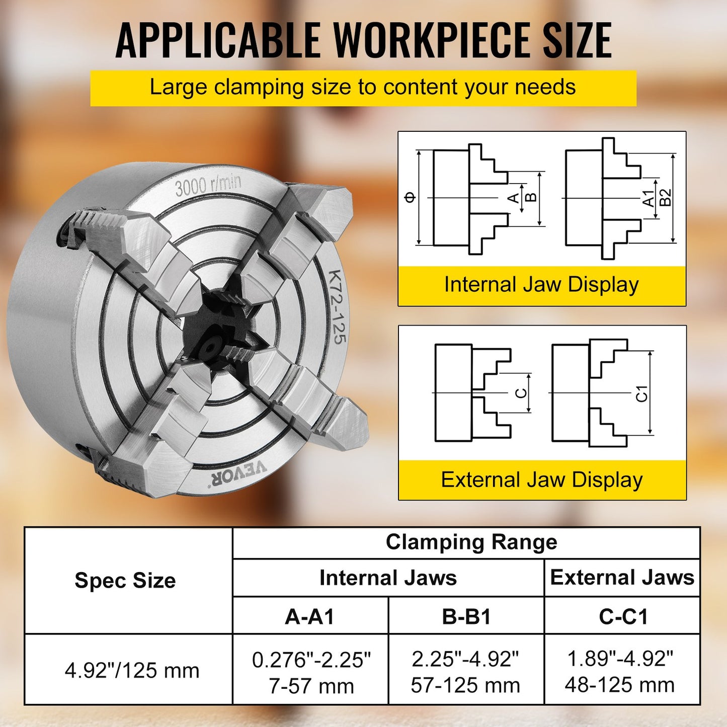 K72-125 Lathe Chuck, 5 Inch, 4-Jaw, Independent Metal Lathe Chuck With Reversible Jaw, Cast Iron Body, 0.276 -2.244 In Internal 1.89 -4.92 In External Jaw Clamping Range, For Lathes Machine