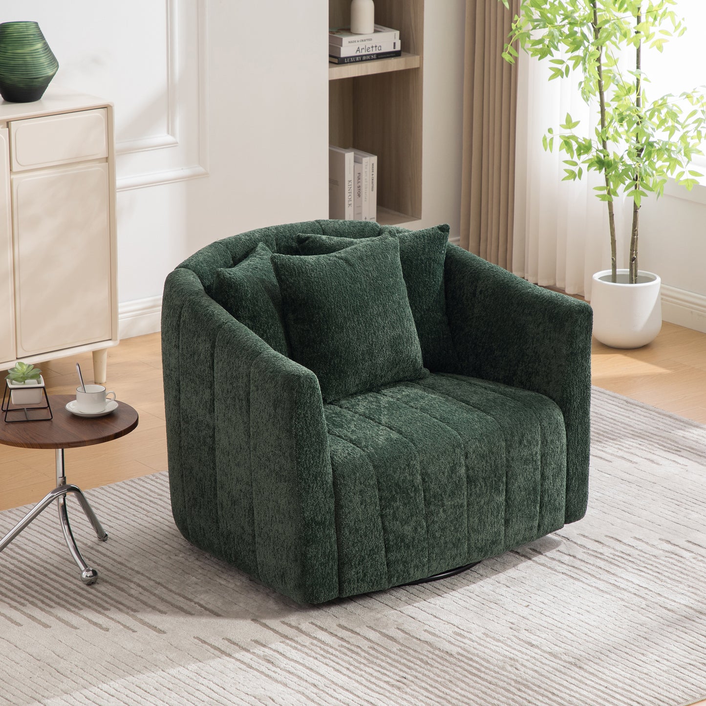 39 W Upholstered Oversized 360 Swivel Accent Barrel Chair And Half Cozy Sofa With 3 Pillows, Channel Tufted Pumpkin-Shape Club Armchair For Living Room, Bedroom, Office, Lounge, Chenille Green