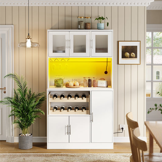 Kitchen Pantry Cabinet, White Kitchen Cabinet With RGB LED And Socket, Tall Pantry Cabinet With Wine Glass Holder & Wine Rack, Modern Kitchen Cabinet With Glass Fronts, 100x40x180 Cm
