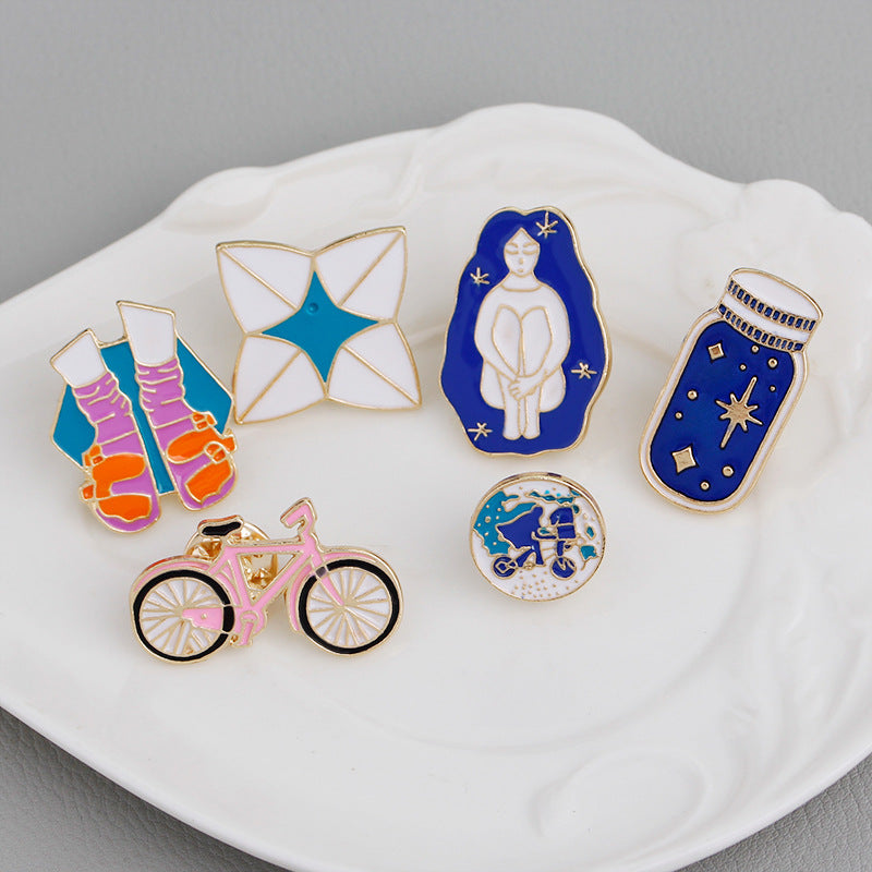 Creative Long Hair Beauty Bicycle Wishing Bottle Socks Cartoon Enamel Brooch