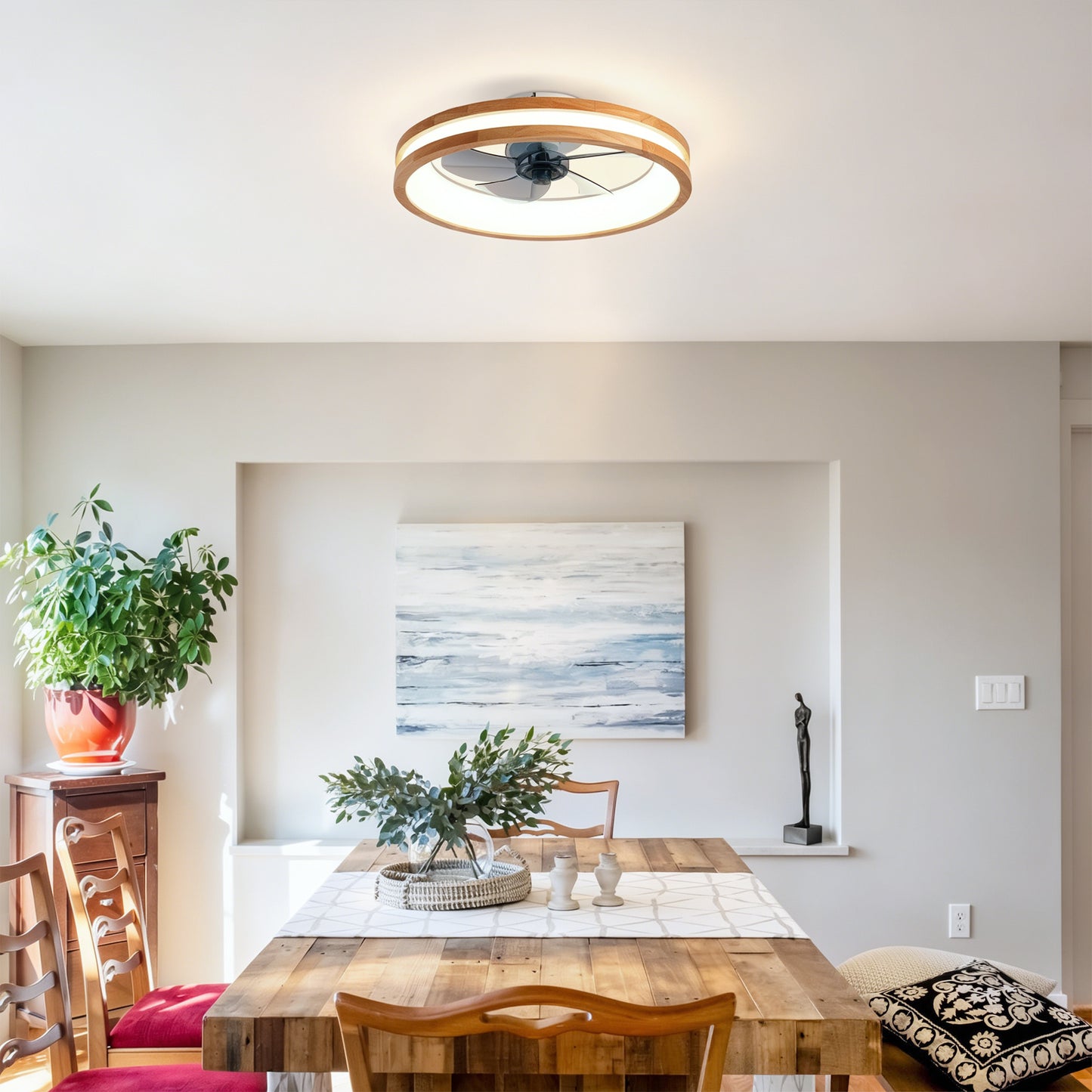 Ceiling Fans With Kit ,LED Light Source And Remote Control, 3000-6500K Dimmable Modern Flush Mount LED Fan Light, 6 Speeds, Quiet DC Motor For Living Room, Bedroom,Kitchen----Natural Wood   White