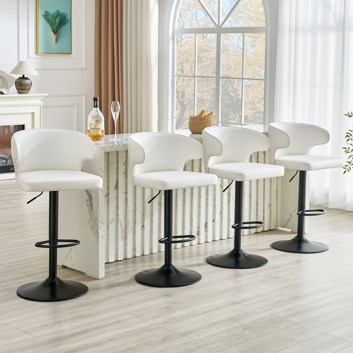 Modern Rotating Adjustable Bar Chair, PU Leather Belt Backrest Swivel Chair, Suitable For Kitchen Bar Counter And Dining Room, Adjustable Height, Capable Of Bearing 300 Pounds  White -4 Pieces