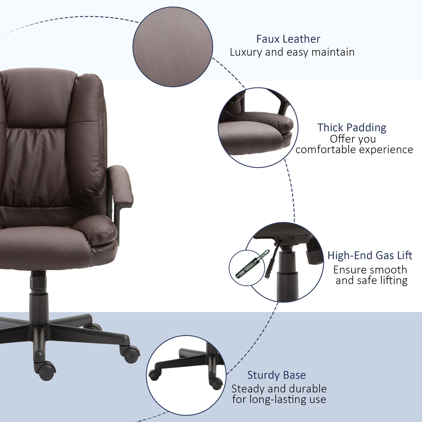 Office Chair, Computer Desk Chair, PU Leather Mid Back Executive Chair With Adjustable Height And Swivel Rolling Wheels For Home Study, Brown
