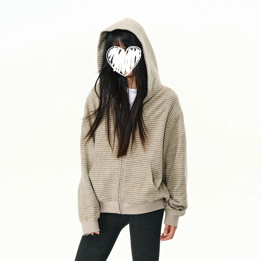Korean Striped Hooded Cardigan Sweater Women's Loose Slimming