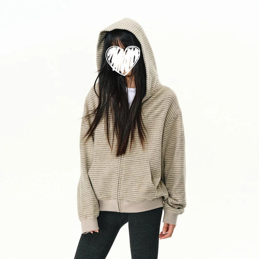Korean Striped Hooded Cardigan Sweater Women's Loose Slimming