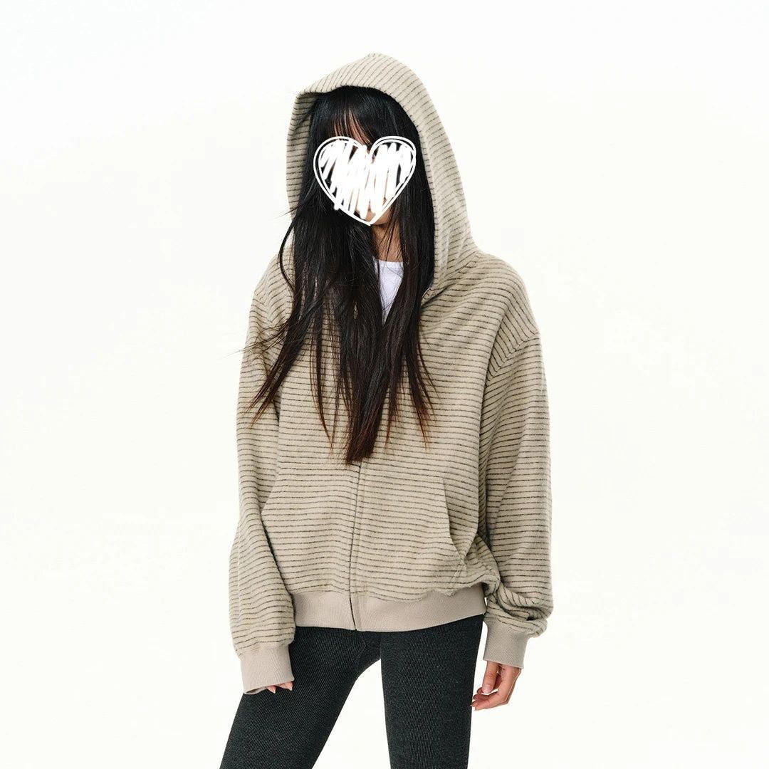 Korean Striped Hooded Cardigan Sweater Women's Loose Slimming
