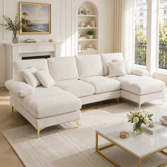 Old SKU W1880S00027 Modern Large Chenille U-Shape Sectional Sofa With Double Reclining Seats For Living Room Bedroom Office Apartment Villa Living Room Home By The Fireplace