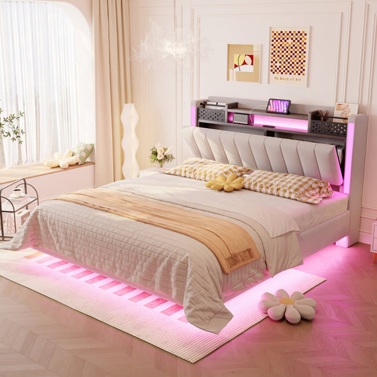 Upholstered Bed 140X200 With LED Lighting And USB Socket, Headboard With Storage Space, Floating Bed Youth Bed Adult Bed, Linen Fabric, Beige
