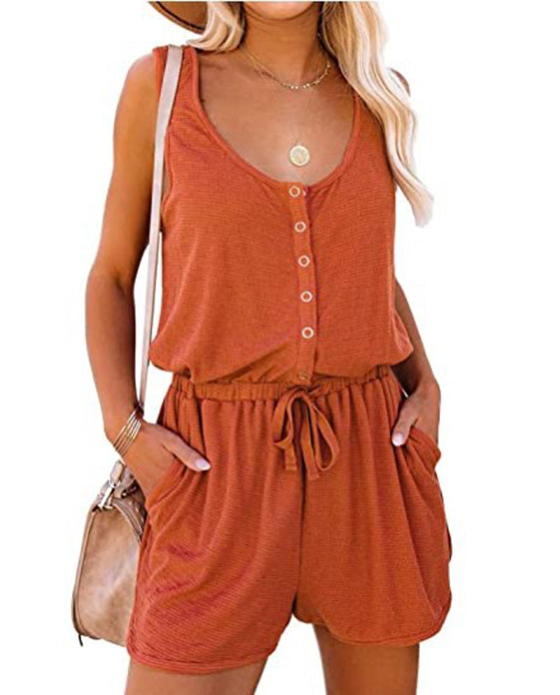 Women's Casual Sleeveless Button Down Romper With Drawstring Waist & Pockets, Loose Fit Jumpsuit Shorts For Loungewear & Outdoor
