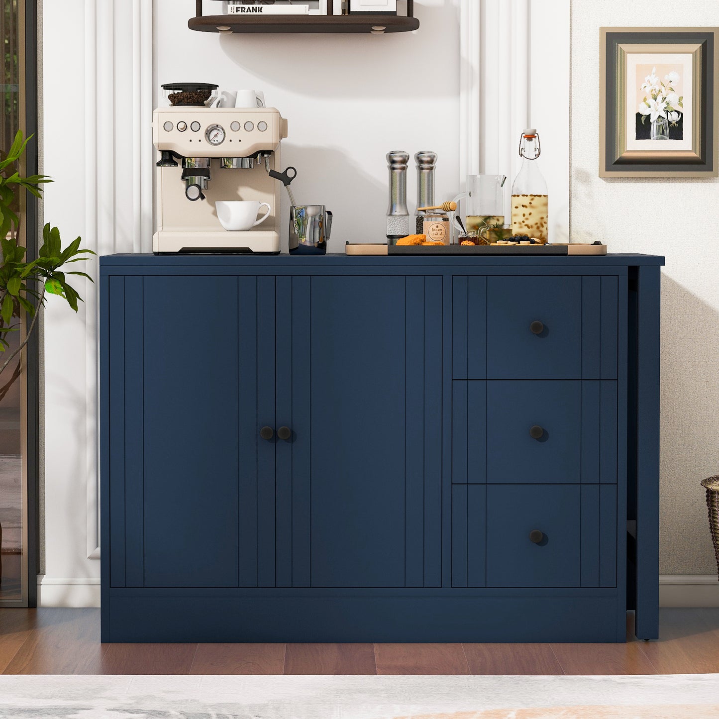 U STYLE 89.7 Wooden Sideboard With Extendable Table Multifunctional Storage Cabinet With 2 Doors And 3 Drawers For Living Room Study Foyer And Kitchen