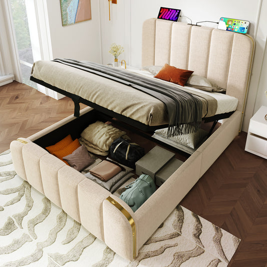 Upholstered Bed Single Bed, Upholstered Headboard With Golden Decorative Stripes And USB Type-C Charging Function 90X200 Cm, Beige Linen Material Hydraulic Camp Bed  Without Mattress