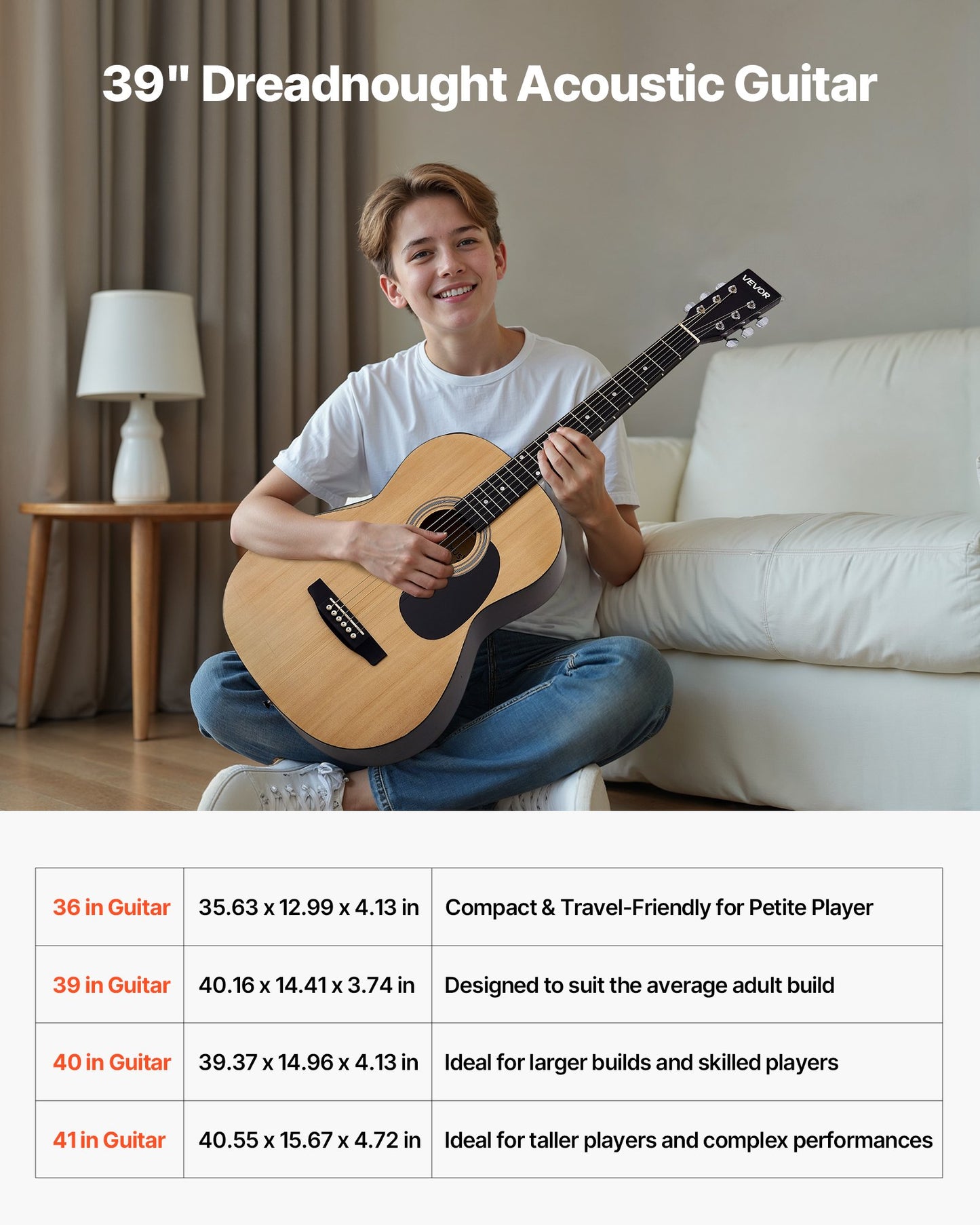 Dreadnought Acoustic Guitar, 39 In, 6-String Natural Solid Spruce Top Guitar, Portable Bundle With Gig Bag, Tuner, Strap, Steel Strings, Picks, Capo, Rosewood Fingerboard, For Beginner Adults