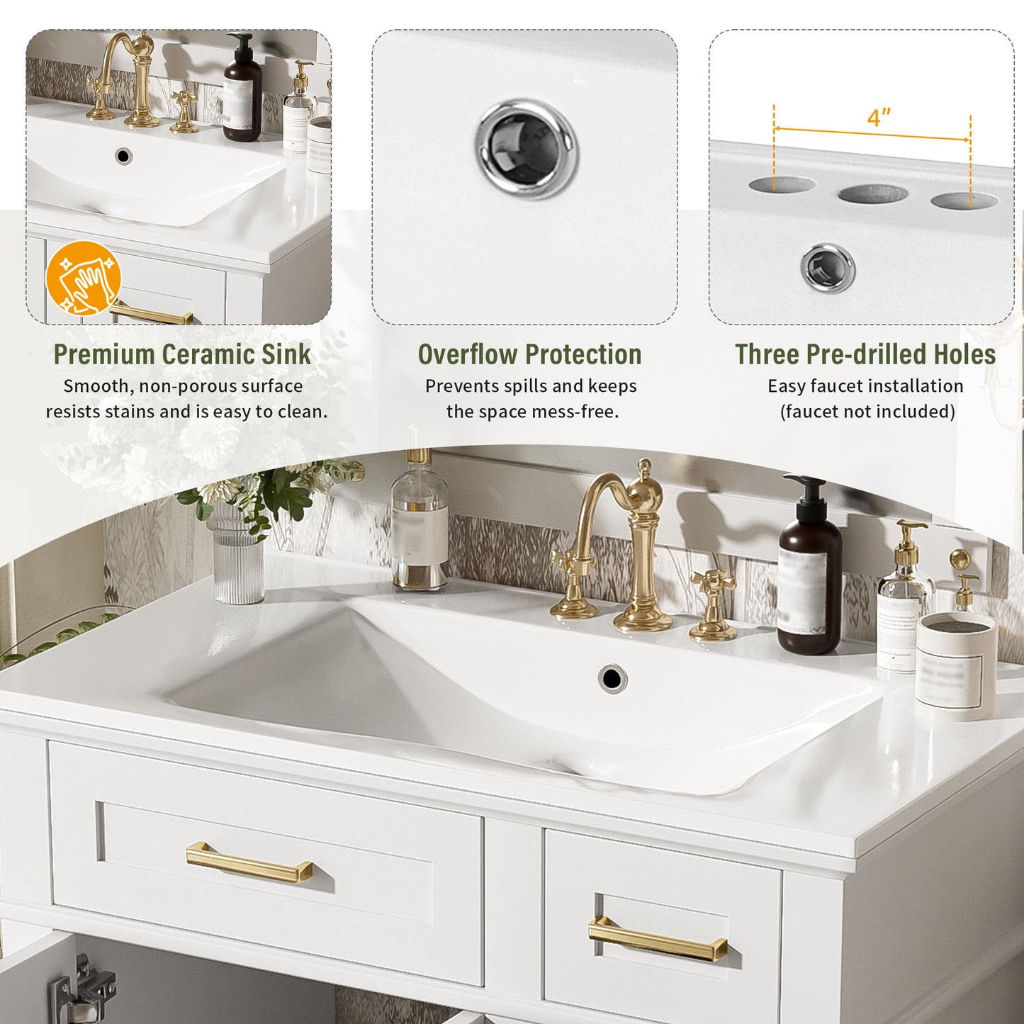30  Bathroom Vanity With Ceramic Sink, Modern Storage Cabinet With Soft-Close Doors, Deep Drawer & Standard Drawer, Stylish Bath Vanity For Small Bathrooms Old SKU N729P276610K