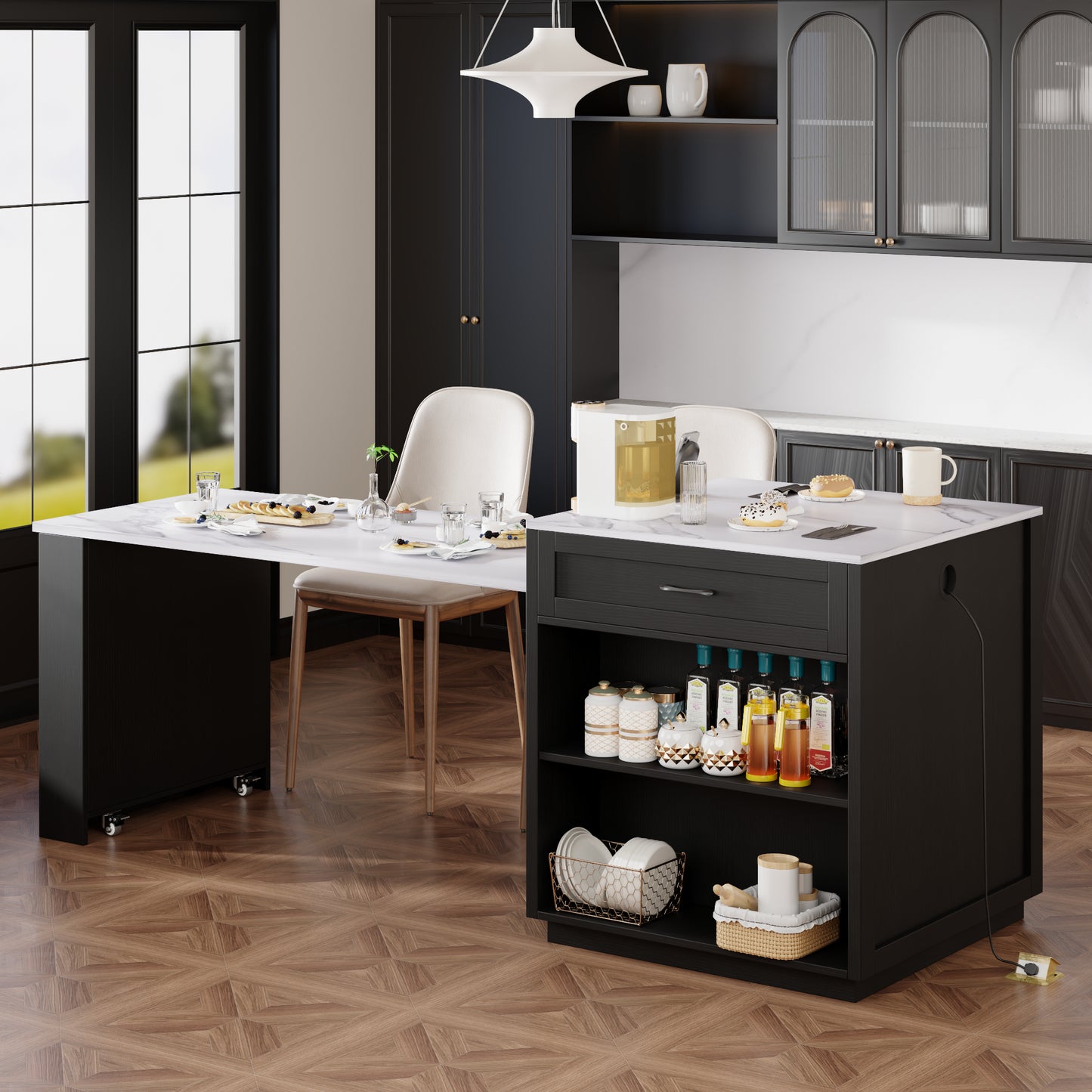 K&K 82.7 Inch Kitchen Island With Extendable Dining Table For 4 6 Person,Faux Mable Kitchen Table With Double Sized Storage,Power Outlet,Kitchen Island With Storage 2 Drawers 2 Side Open Shelves,Black