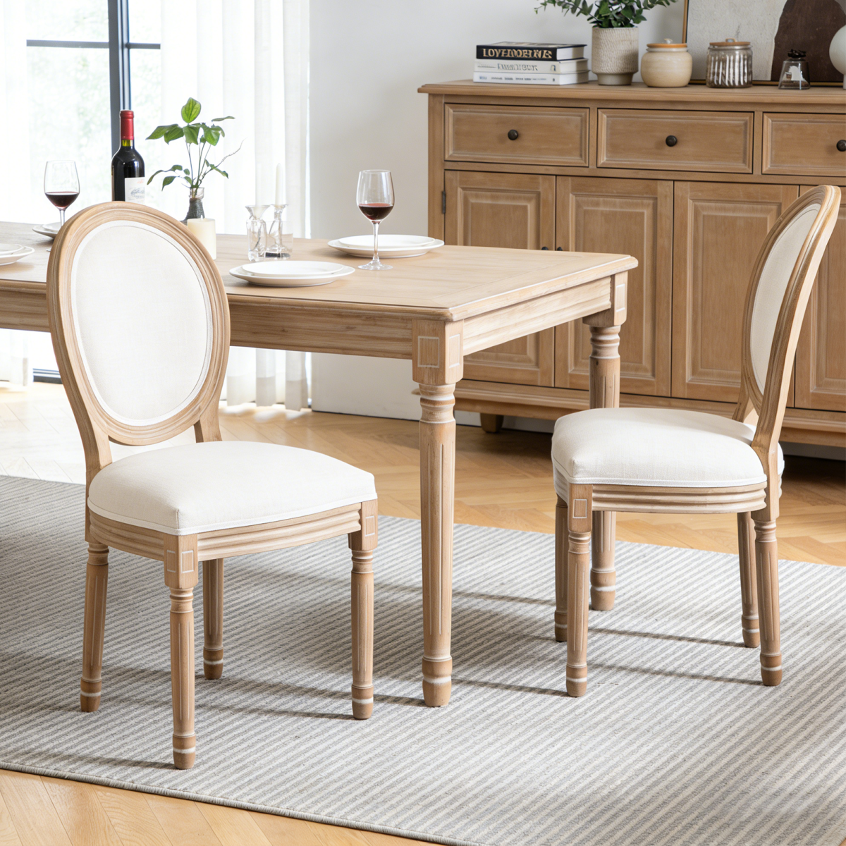 Farmhouse Solid Wood Frame Dining Chairs with Cushioned Linen Seat & Backrest for Kitchen, Dining Room, Living Room, Beige, Set of 2