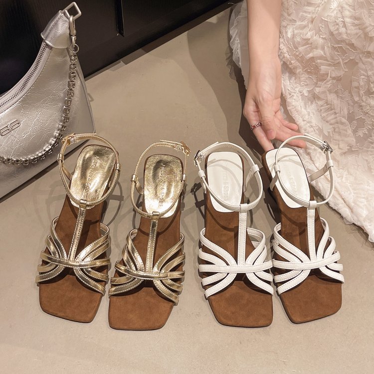French Style Exquisite Small Sandals For Women's Summer Outdoor Wear. Square Toe, Comfortable, Thick Heel, Not Tiring. Roman High-heeled Sandals