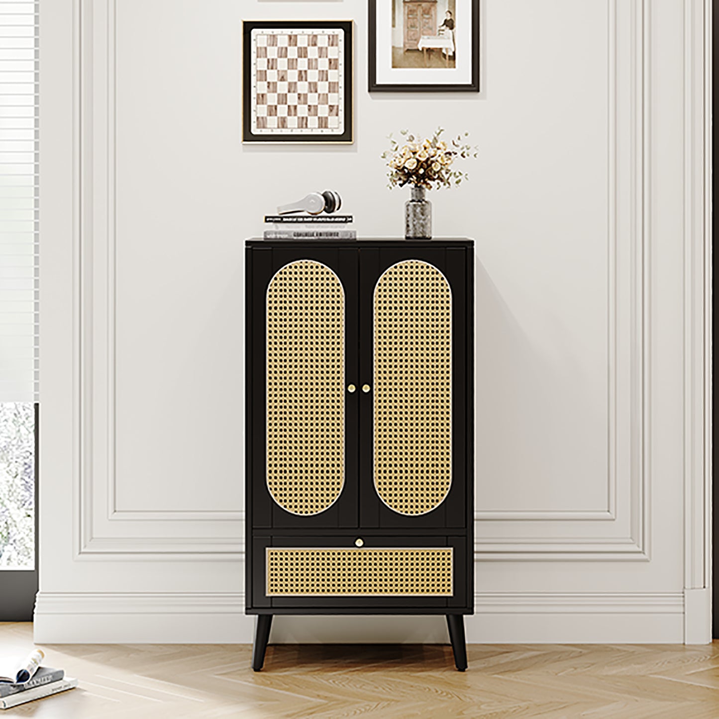 Compact Sideboard 1.1m, Rattan Design, Black, 2 Doors, 1 Drawer, Highboard, Dining Room Cabinet, Bookshelf - Versatile Storage Solutions