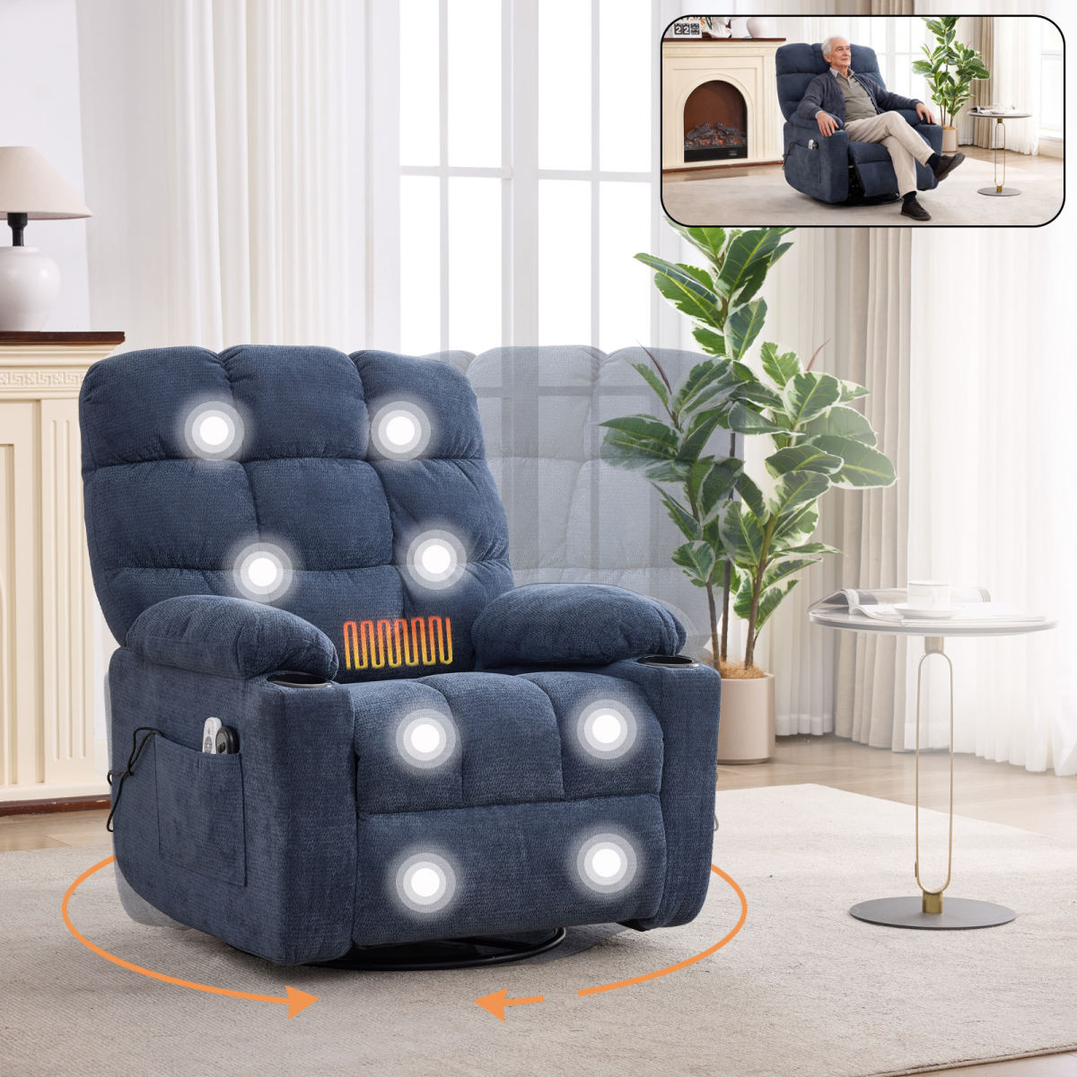 Heat Massage Manual Recliner Chair With Rocker And Swivel In Fabric For Living Room, Blue