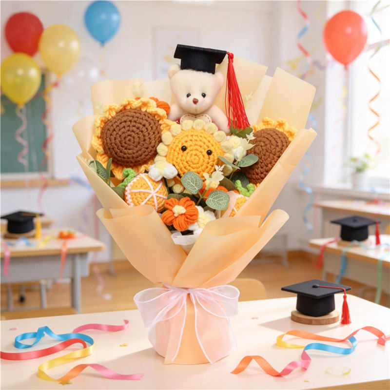 Graduation Handmade Crochet Bouquet, Knitted Sunflowers With Graduate Bear, Eternal Yarn Flower Gift For Graduation & Home Decoration