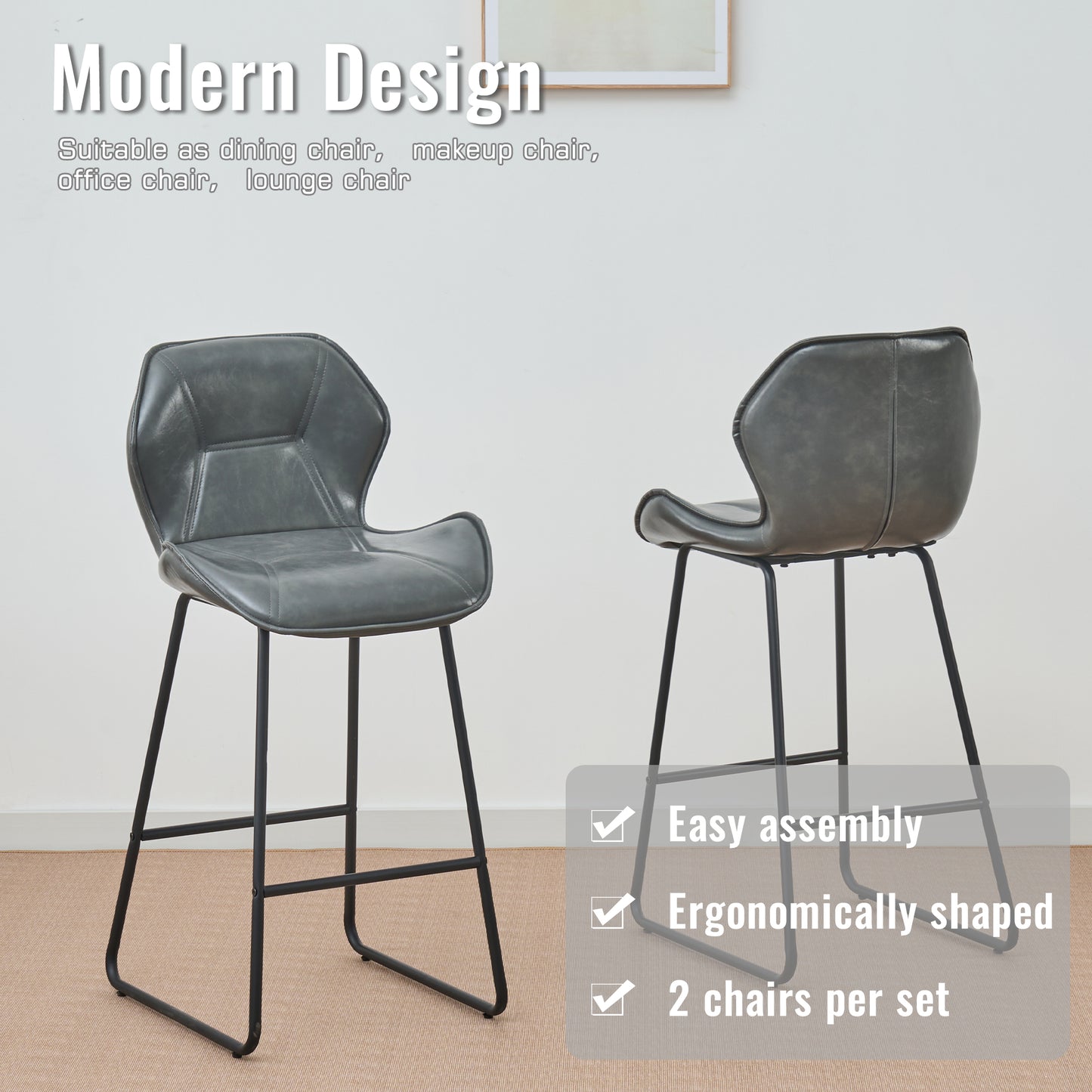 Set Of 2 Faux Leather Bar Stools, Modern Bar Stools With Backrest, Metal Frame And Footrest, For Kitchen, Counter, Home Bar And Dining Area,Grey